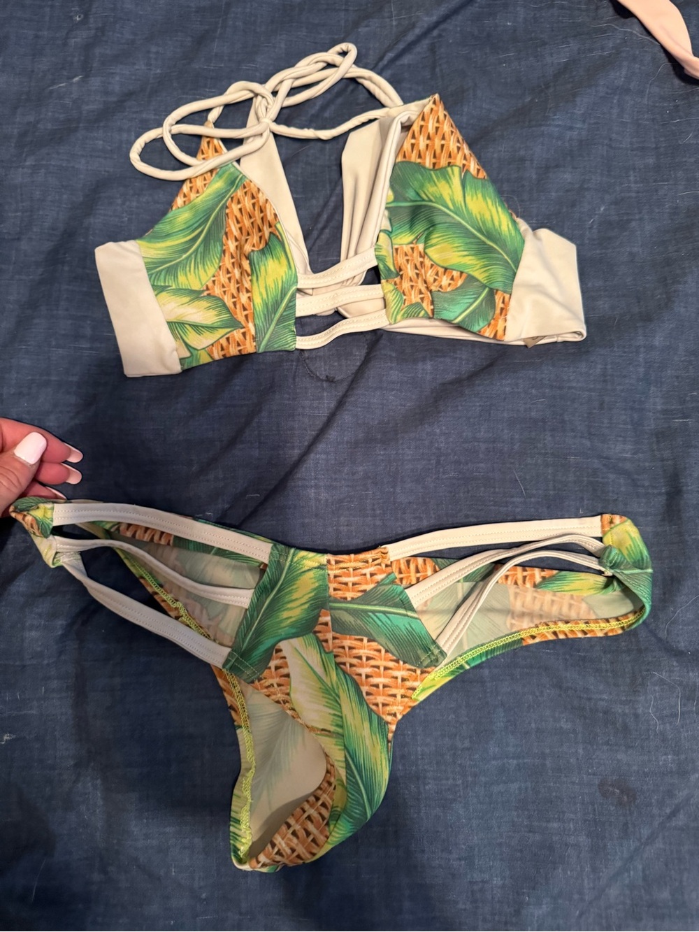 Montce Tropical Leaf Print Bikini - Green & Tan